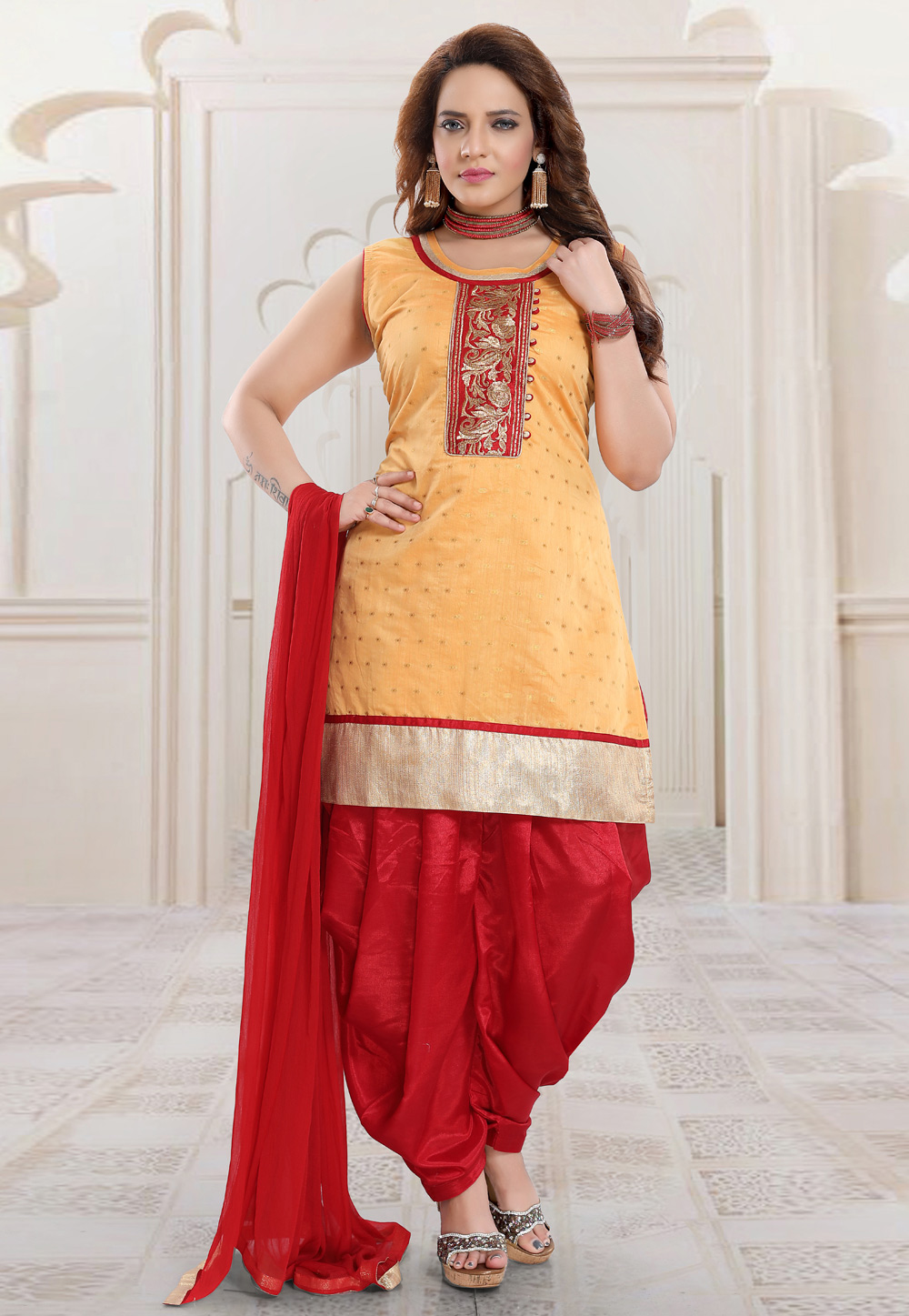 Readymade Beige With Red Designer Partywear Punjabi Patiala Salwar Kameez  Suit at Best Price in Gurugram | Designer India