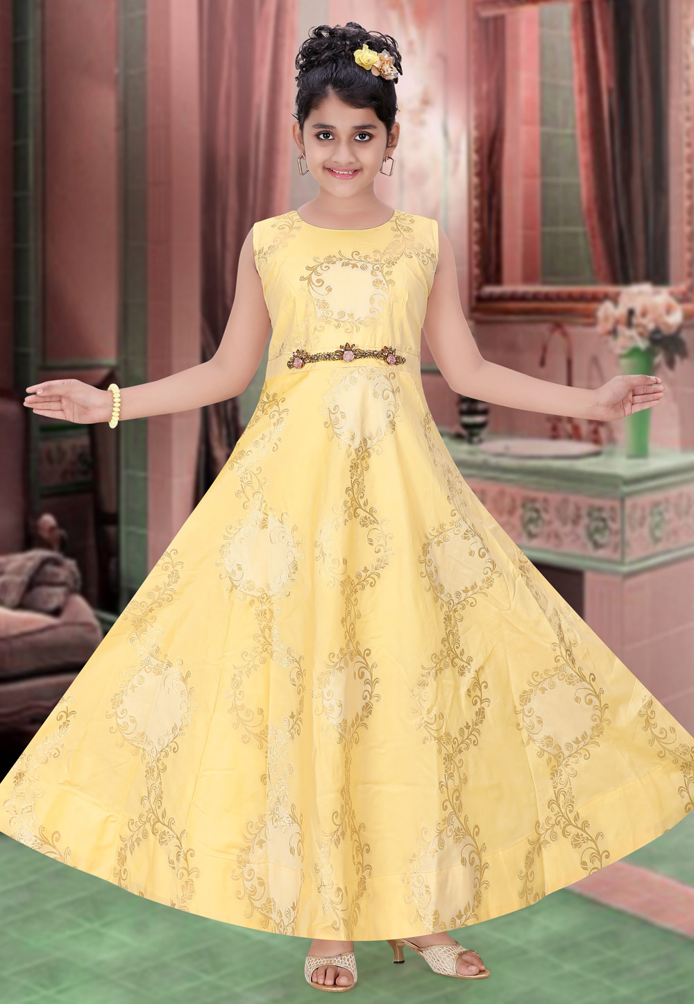 Yellow Brocade Readymade Kids Gown 195458