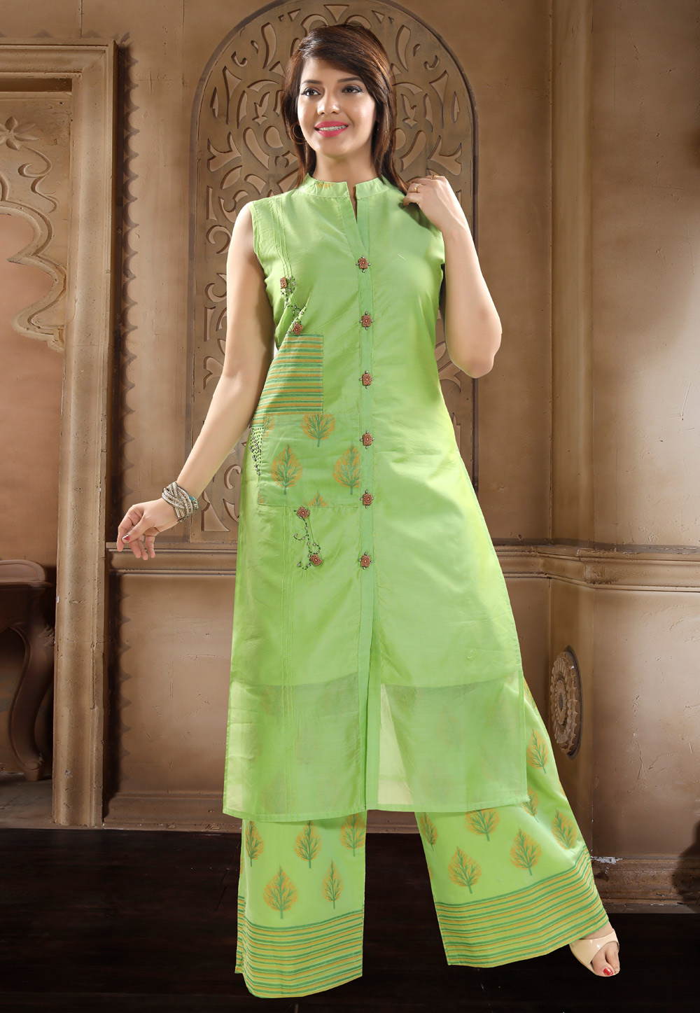 Green Chanderi Silk Readymade Pakistani Style Suit 156205