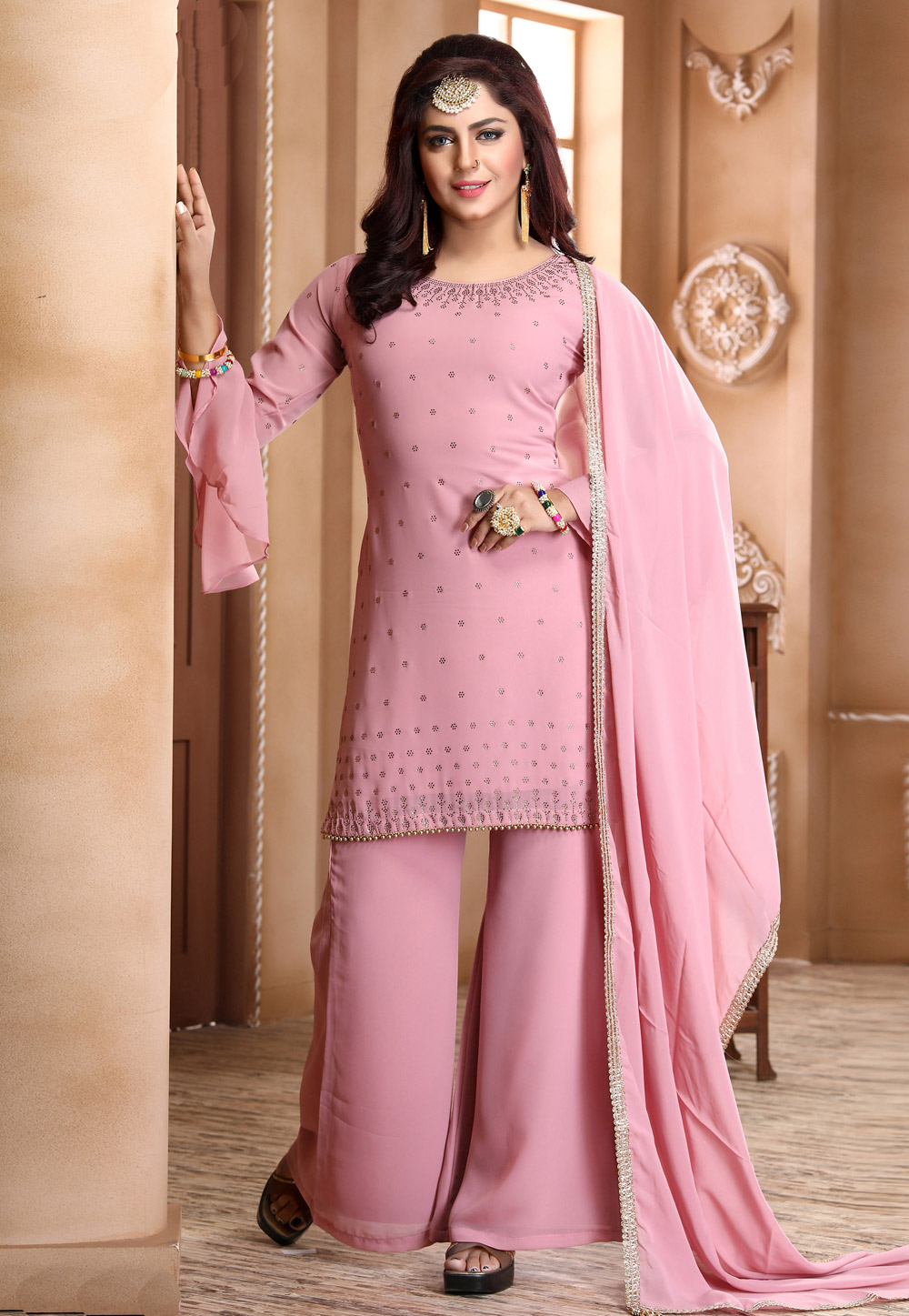 Pink Georgette Readymade Kameez With Palazzo 205115