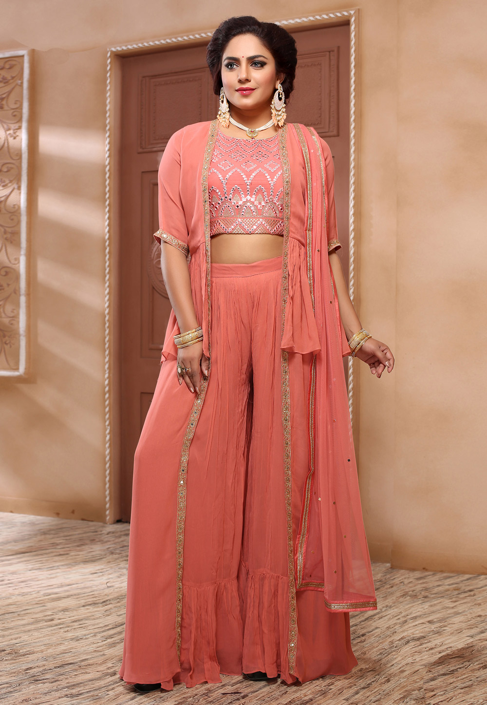 Pink Georgette Readymade Sharara Suit With Jacket 205120