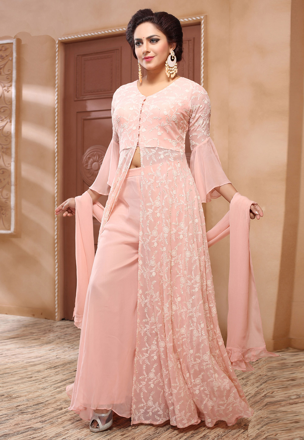 Peach Georgette Readymade Kameez With Palazzo 205121