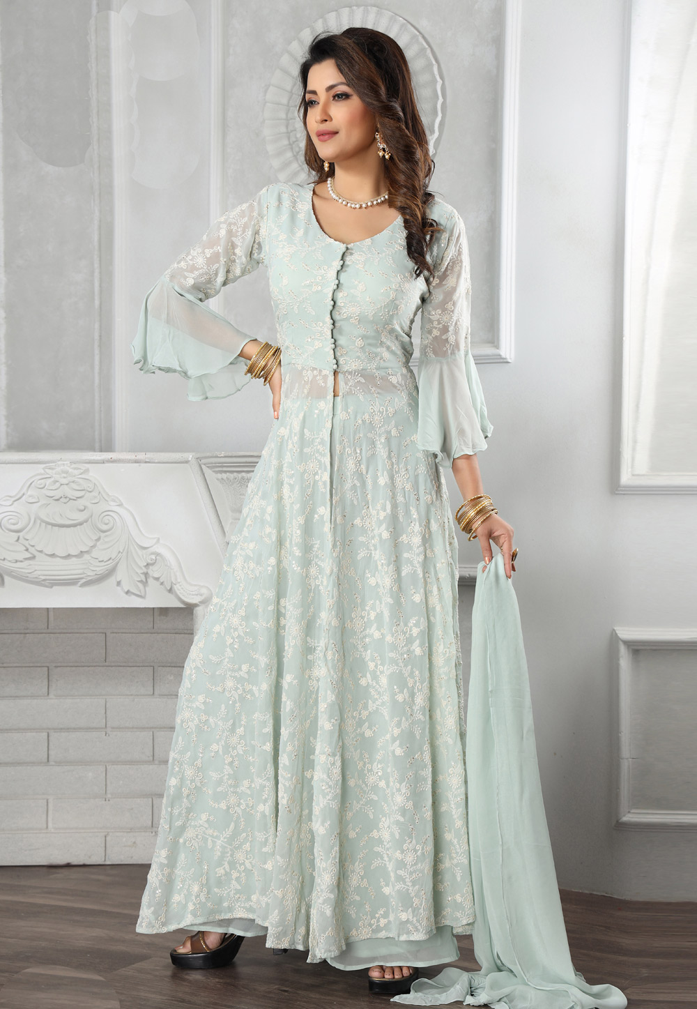 Sea Green Georgette Readymade Palazzo Suit 205122