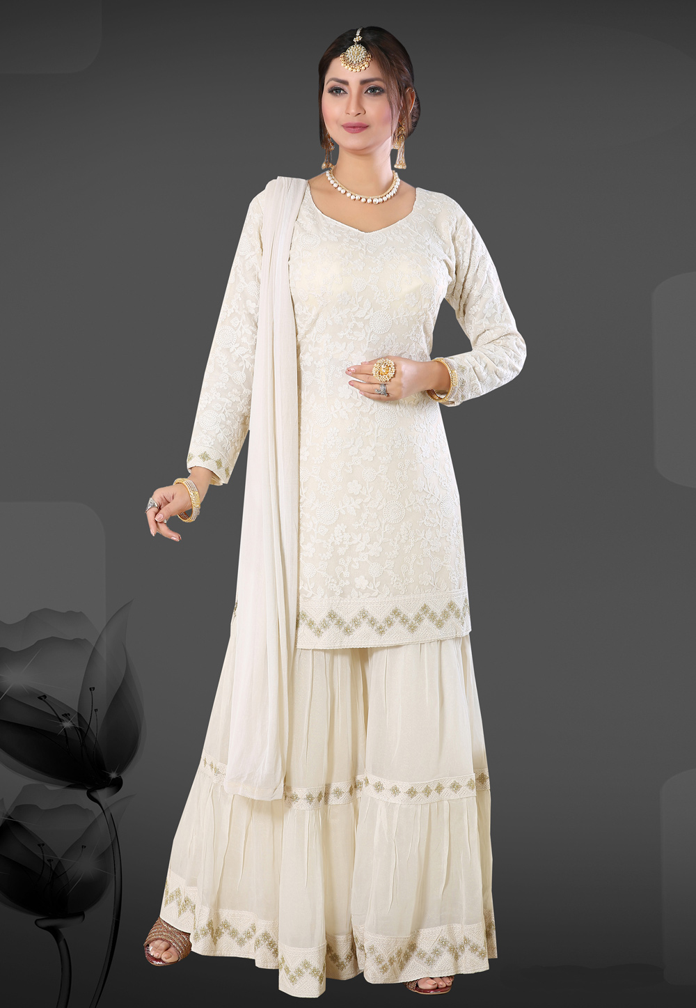 Off White Georgette Readymade Sharara Suit 213201