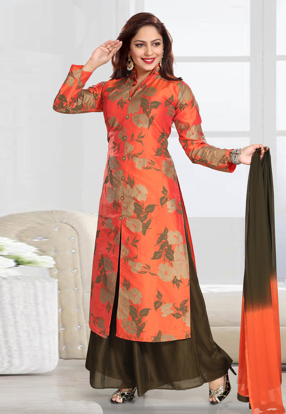 Orange Chanderi Silk Readymade Palazzo Suit 213203