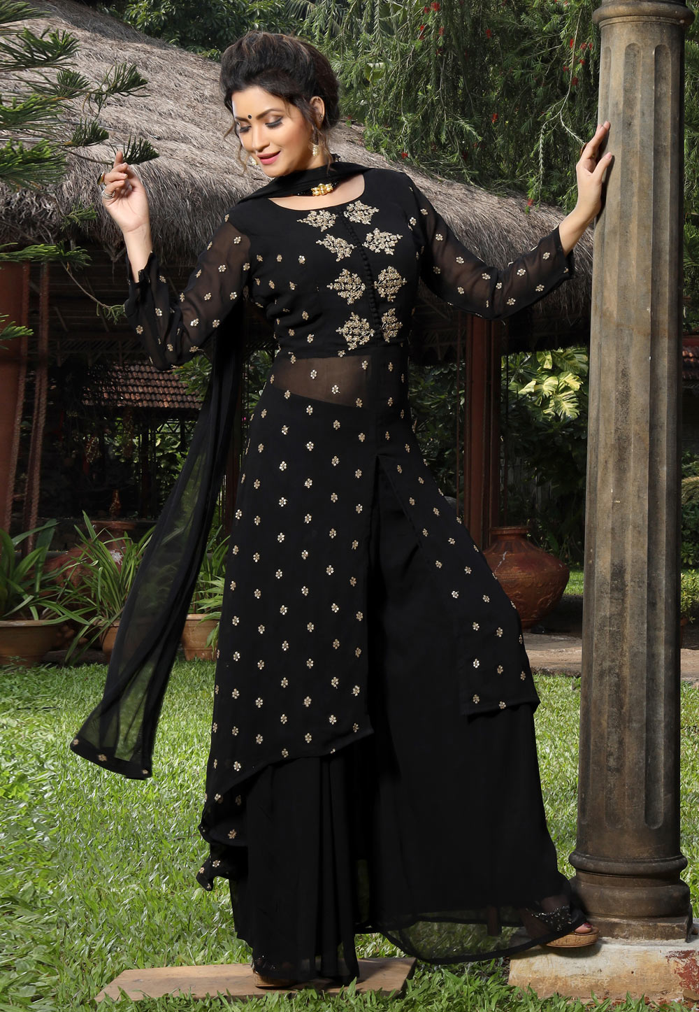Black Georgette Readymade Palazzo Suit 213205