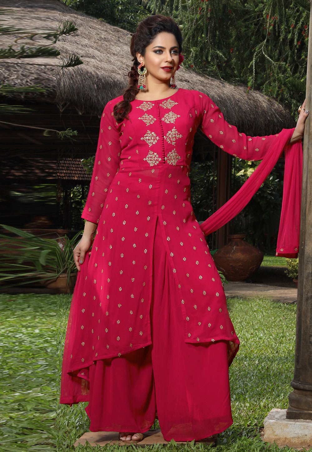 Magenta Georgette Readymade Palazzo Suit 213206