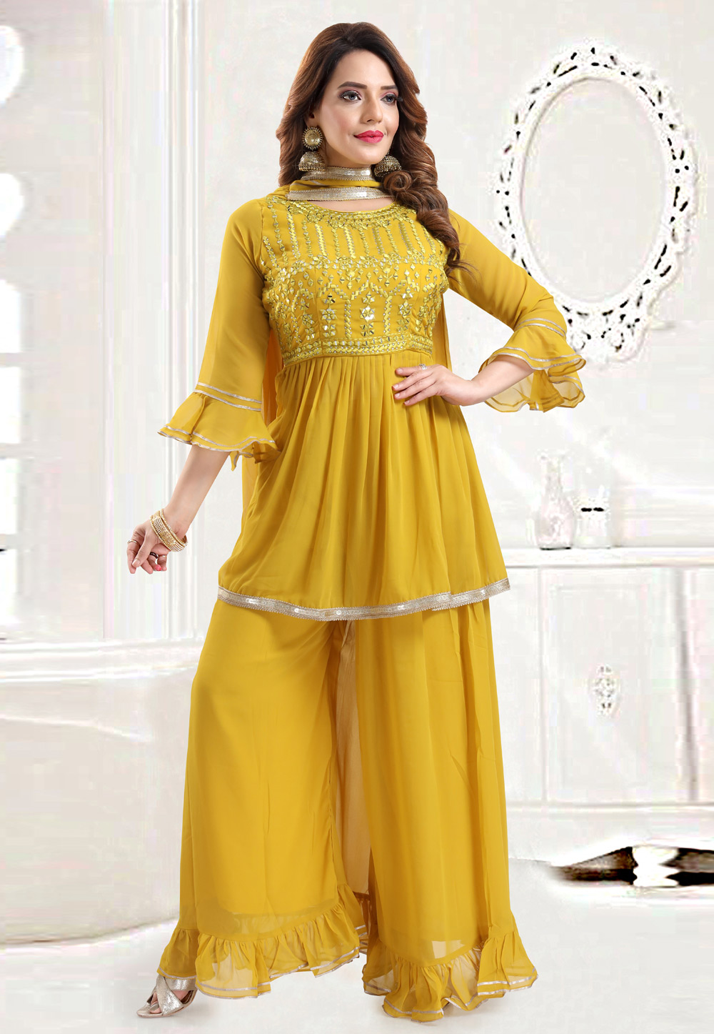 Mustard Faux Georgette Readymade Palazzo Suit 240375
