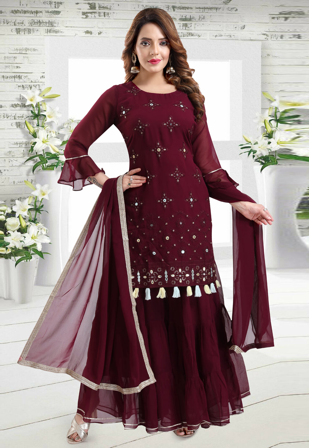 Wine Faux Georgette Readymade Sharara Suit 240377