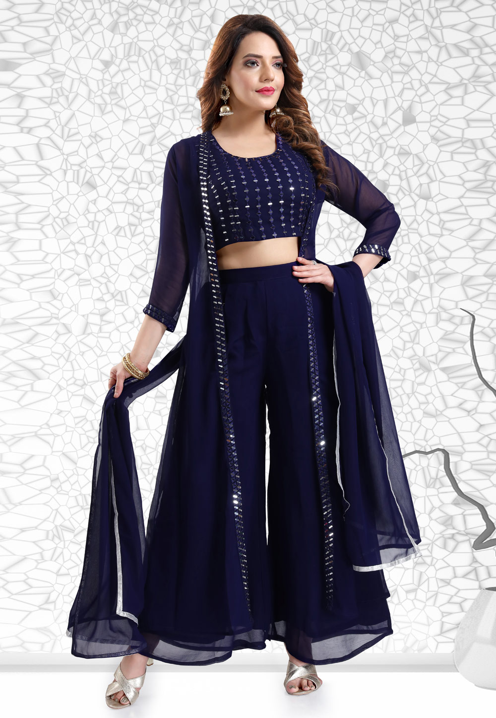 Royal blue formal long blouse and palazzo trousers suit set by Evassè