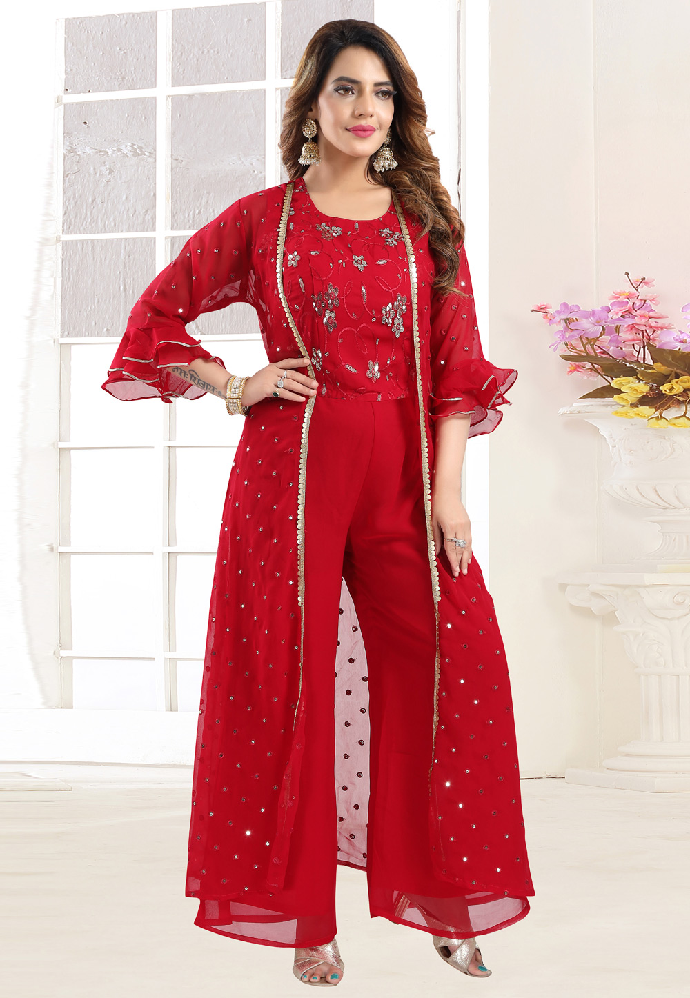 Red Faux Georgette Kurta Set With Palazzo 242468