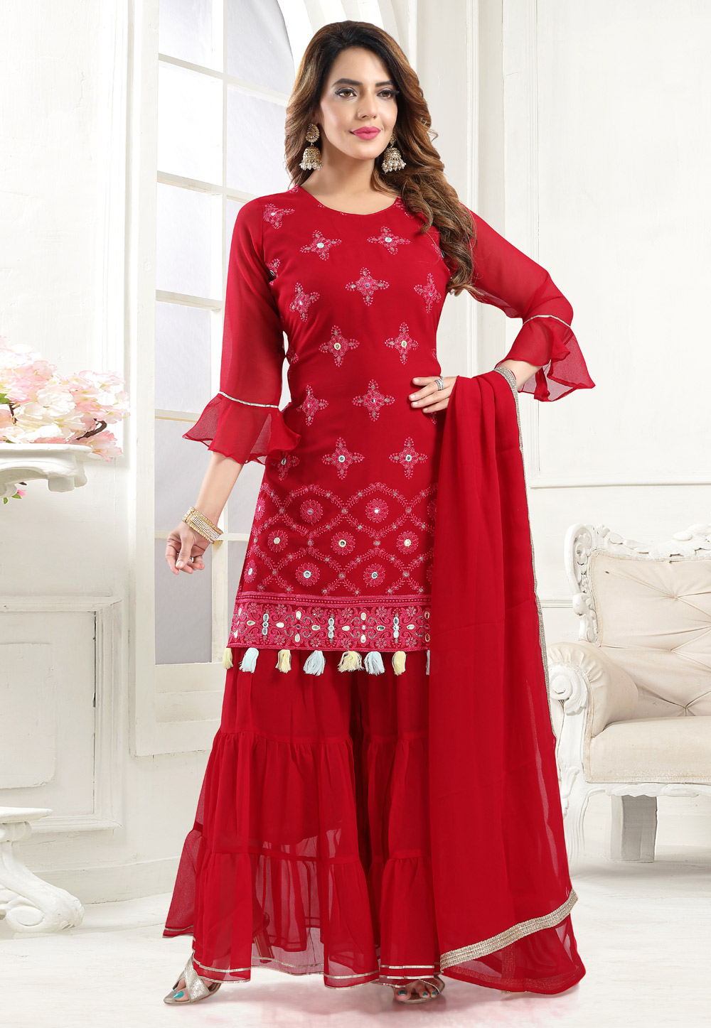 Red Faux Georgette Readymade Sharara Suit 242471