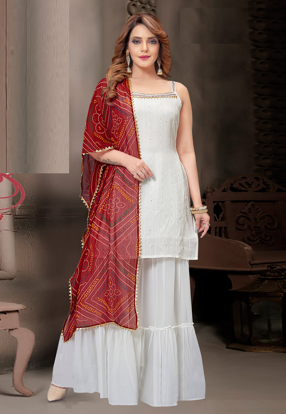 Off White Faux Georgette Readymade Sharara Suit 242473