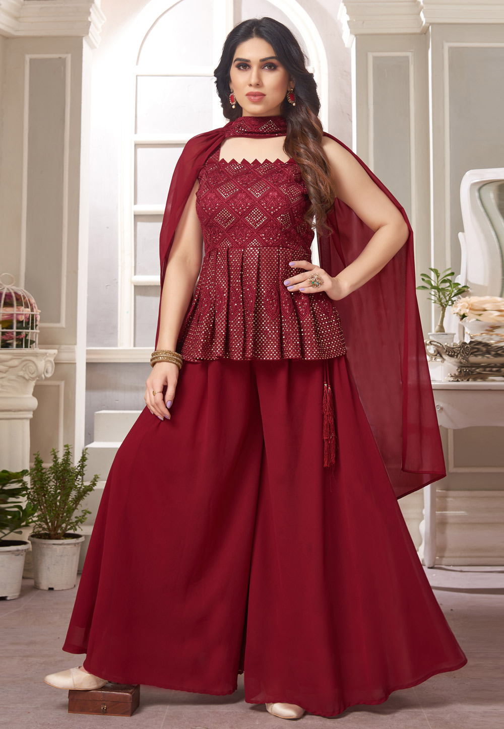 Maroon Faux Georgette Readymade Palazzo Suit 246335