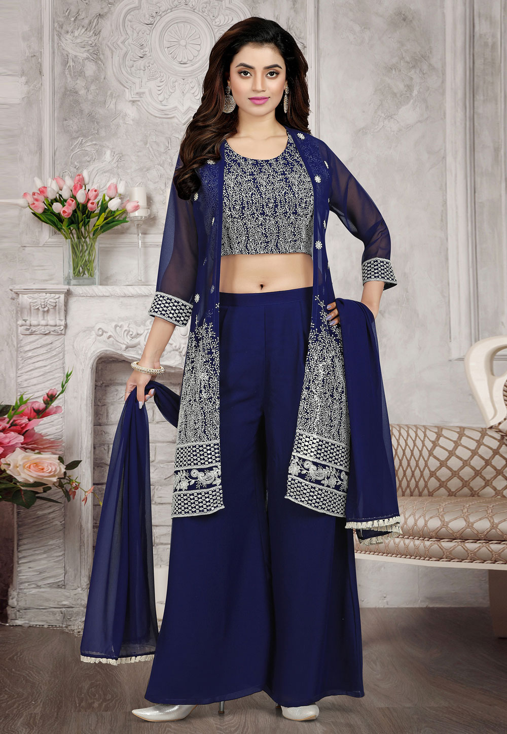 Navy Blue Faux Georgette Readymade Palazzo Suit 248804