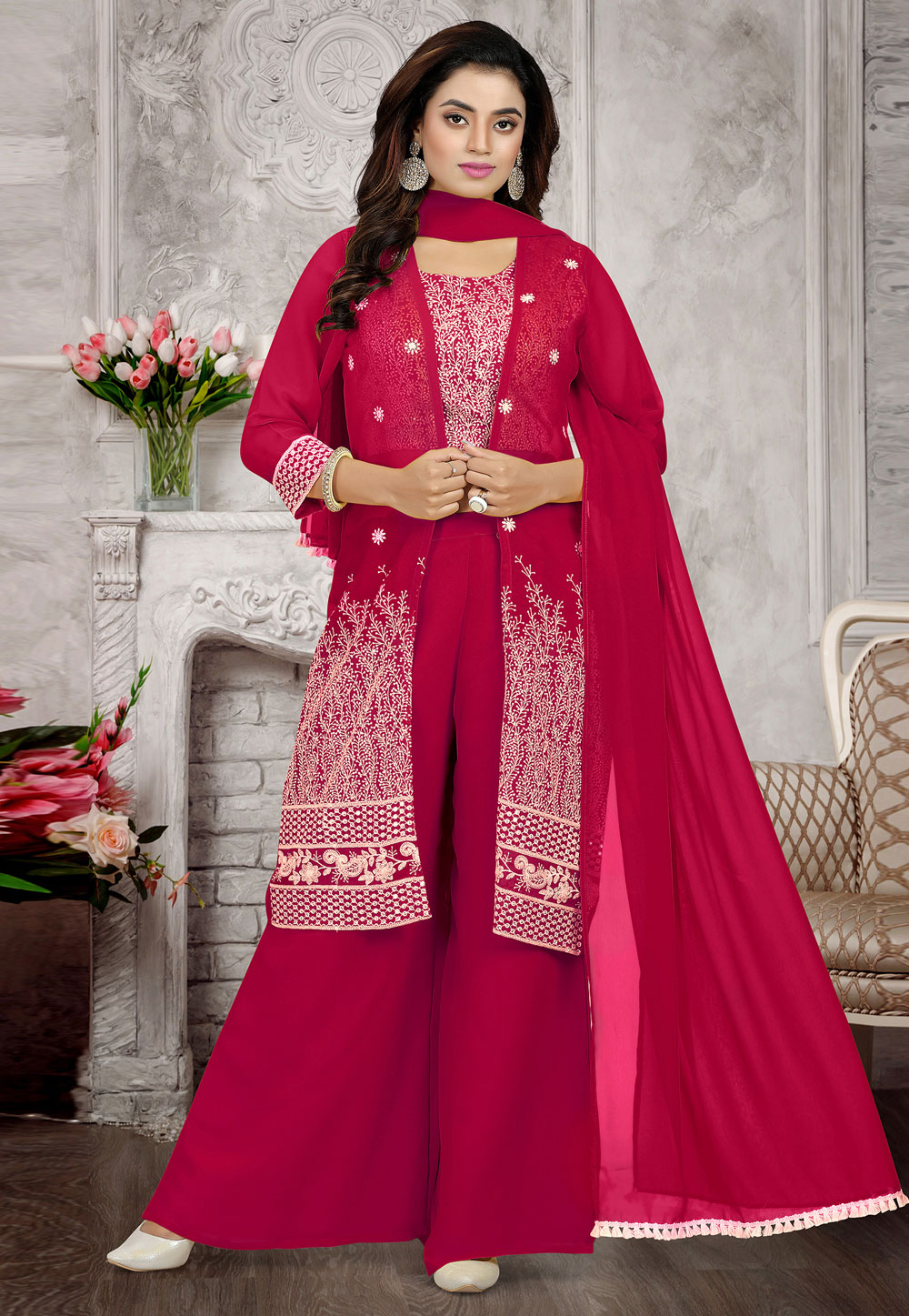 Magenta Faux Georgette Readymade Palazzo Suit 248805