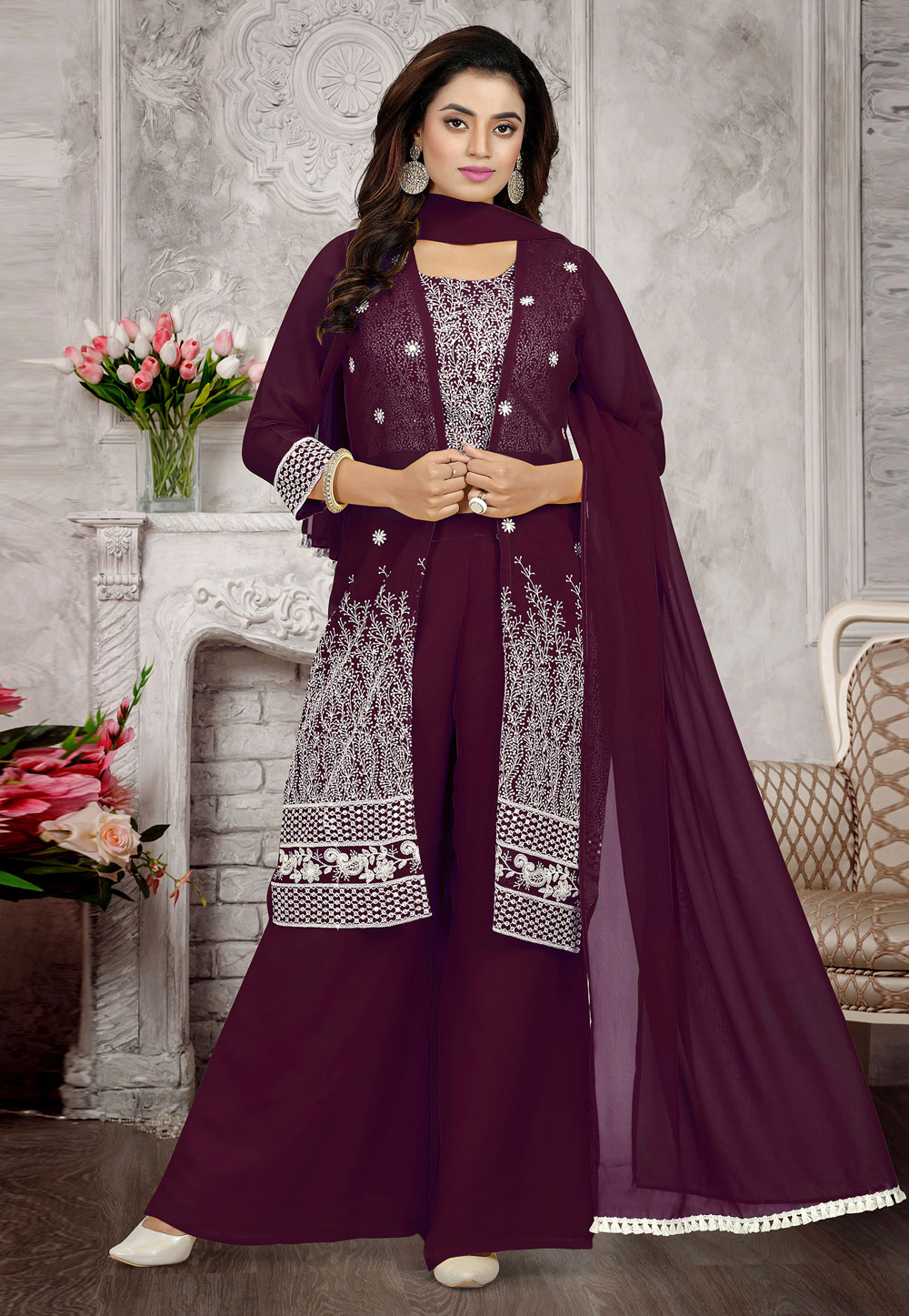 Purple Faux Georgette Readymade Palazzo Suit 248806