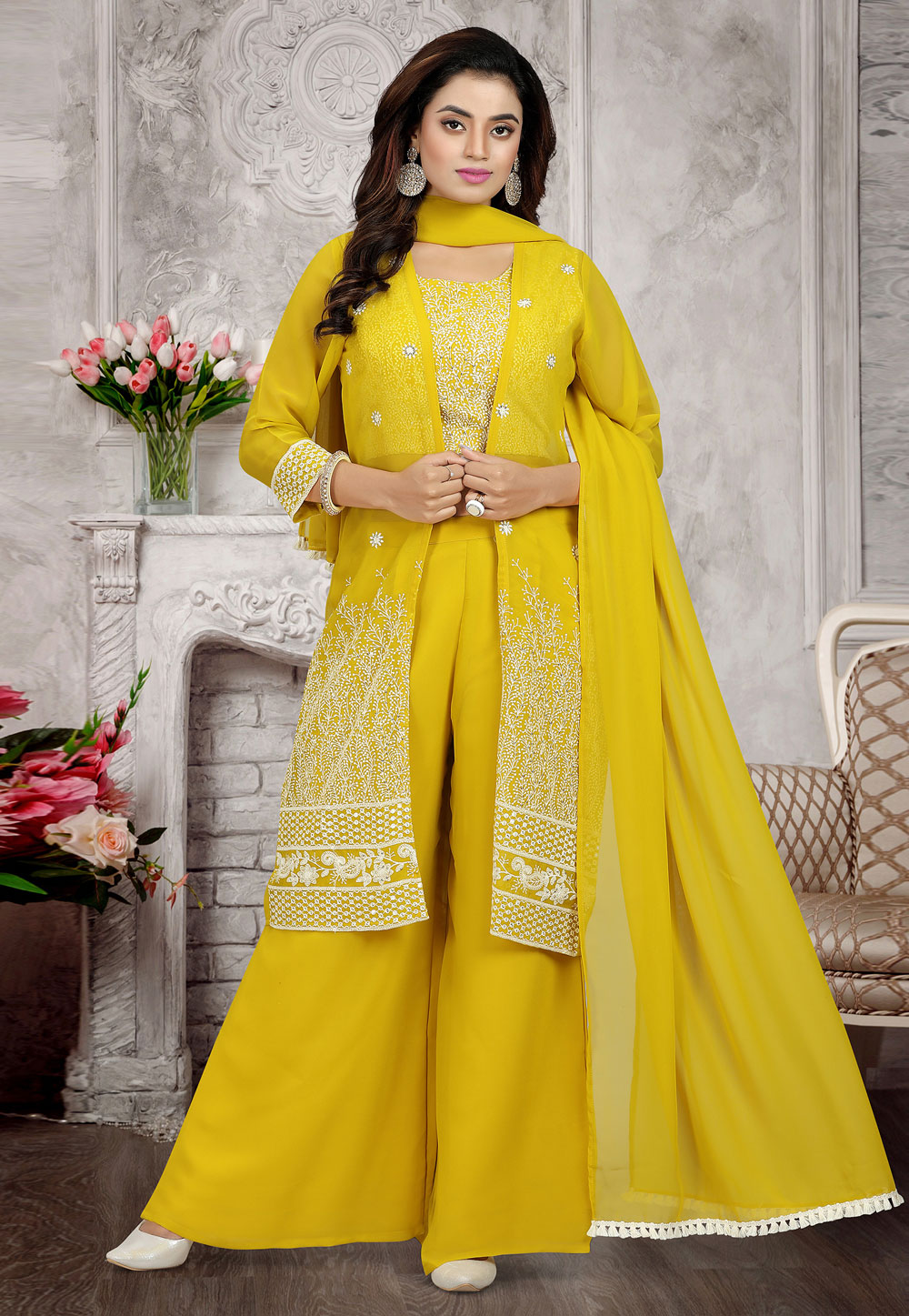 Mustard Faux Georgette Readymade Palazzo Suit 248807