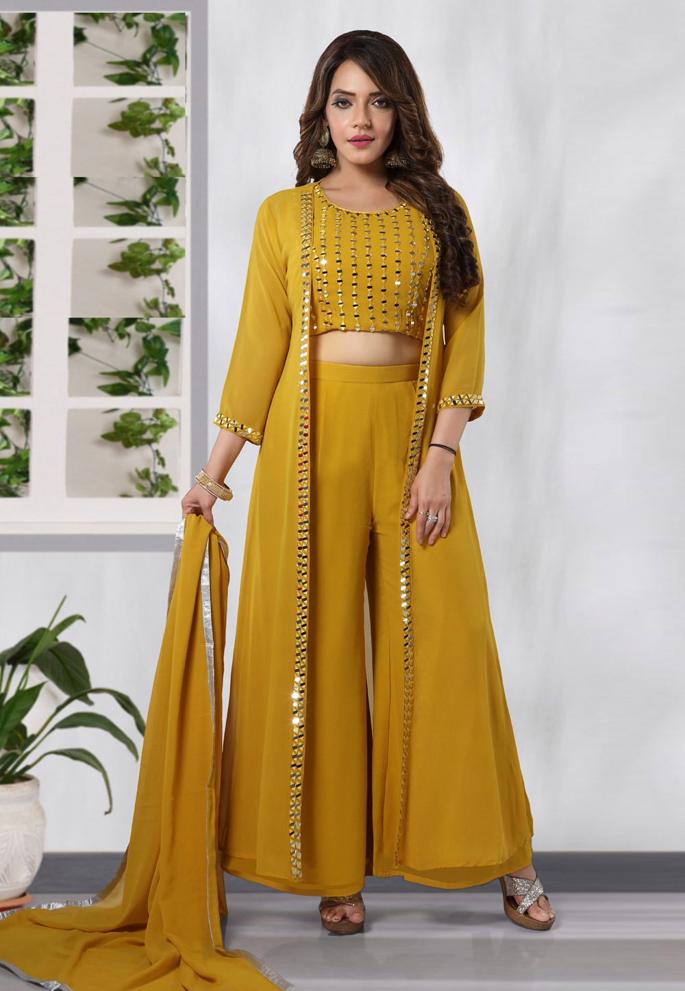 Mustard Faux Georgette  Readymade Palazzo Suit 249241