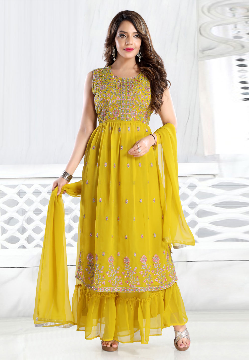 Yellow Faux Georgette Readymade Palazzo Suit 248811