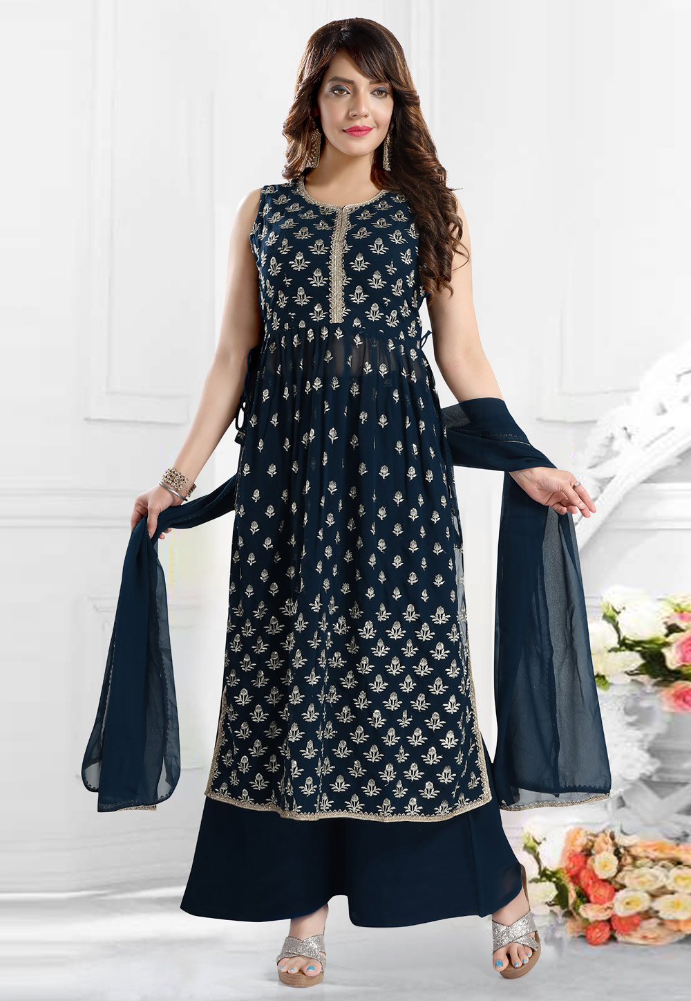 Navy Blue Faux Georgette Readymade Palazzo Suit 258436