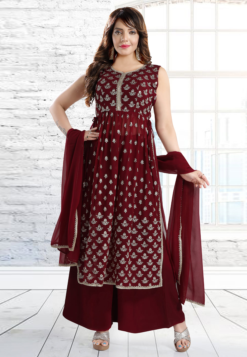 Maroon Faux Georgette Readymade Palazzo Suit 258437