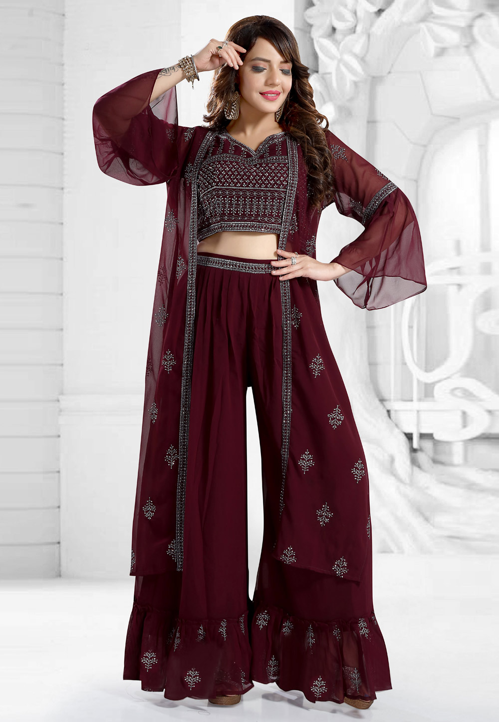 Wine Faux Georgette Readymade Palazzo Suit 258440