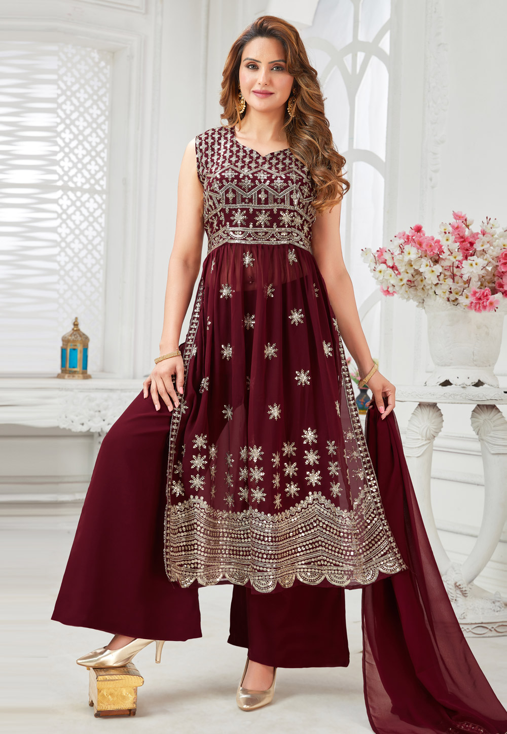 Maroon Faux Georgette Readymade Palazzo Suit 270565