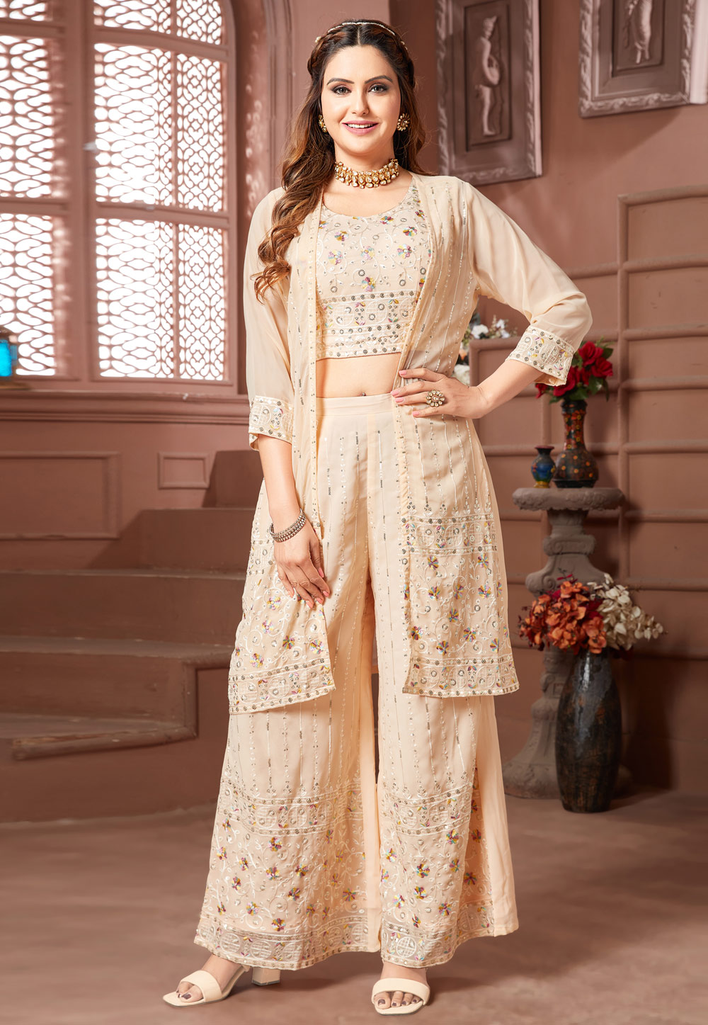 Peach Faux Georgette Readymade Jacket Style Suit 270568