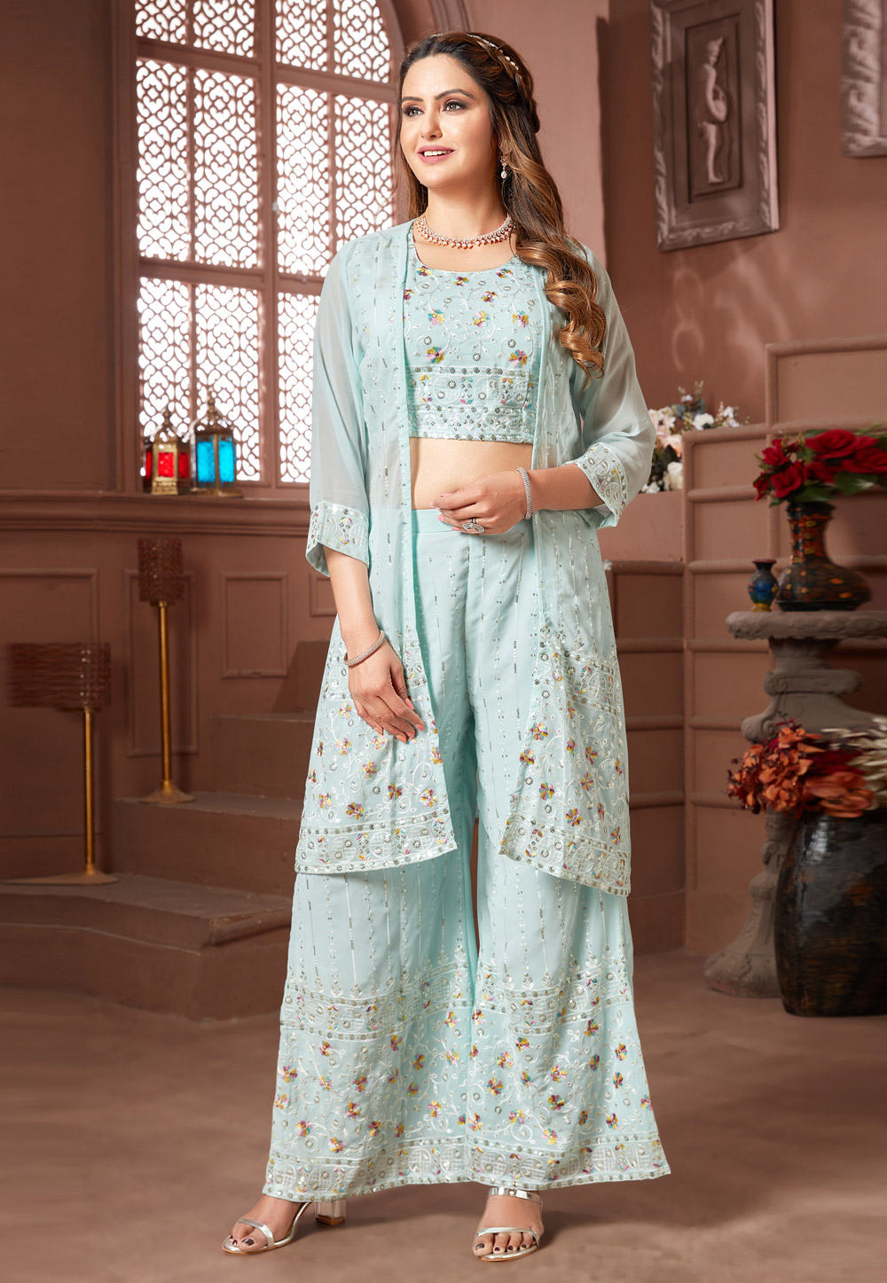 Sky Blue Faux Georgette Readymade Jacket Style Suit 270570