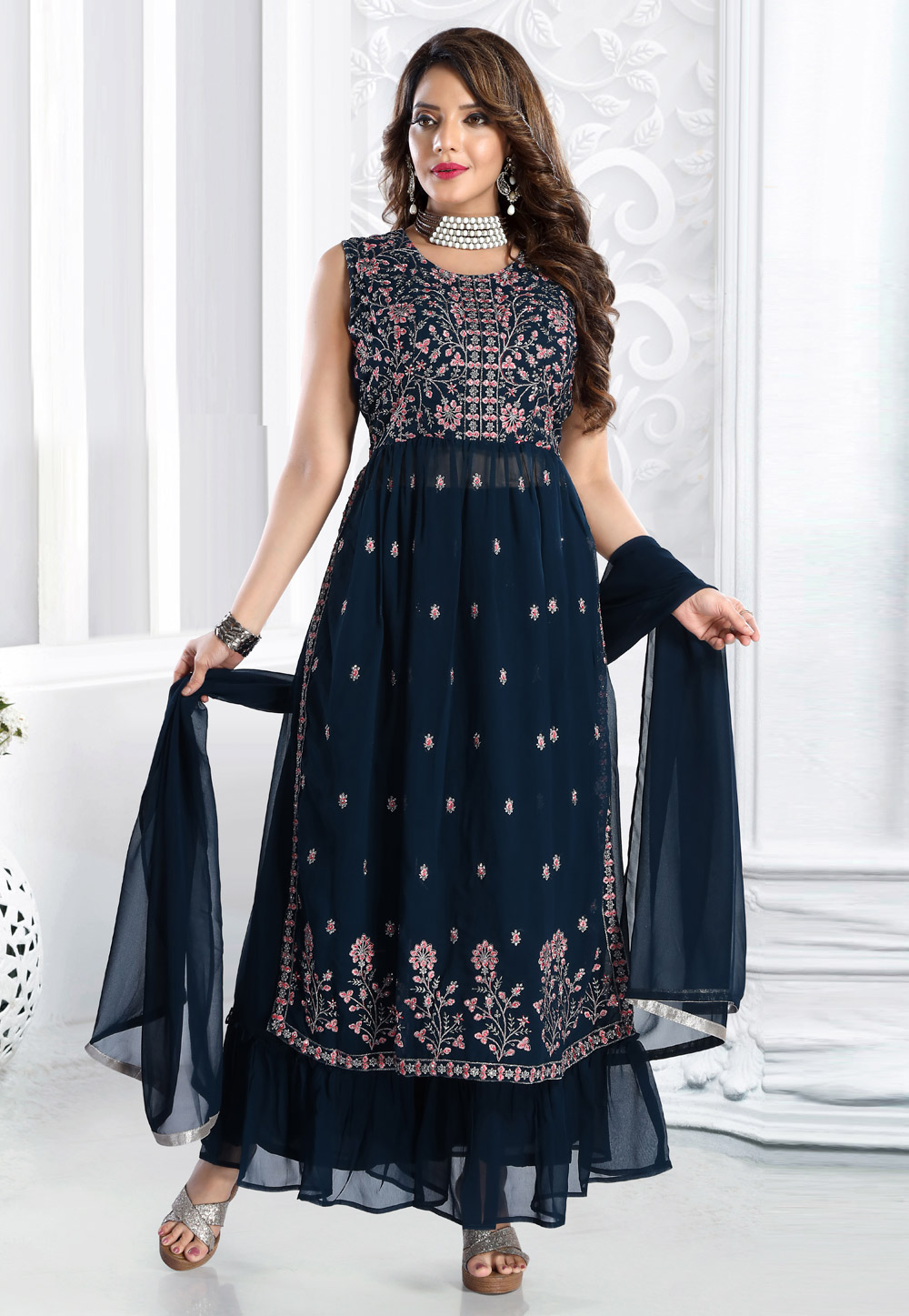 Navy Blue Faux Georgette Readymade Palazzo Suit 270571