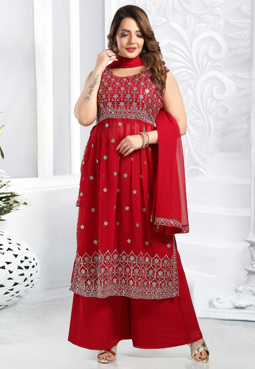 Red Faux Georgette Readymade Palazzo Suit 270573