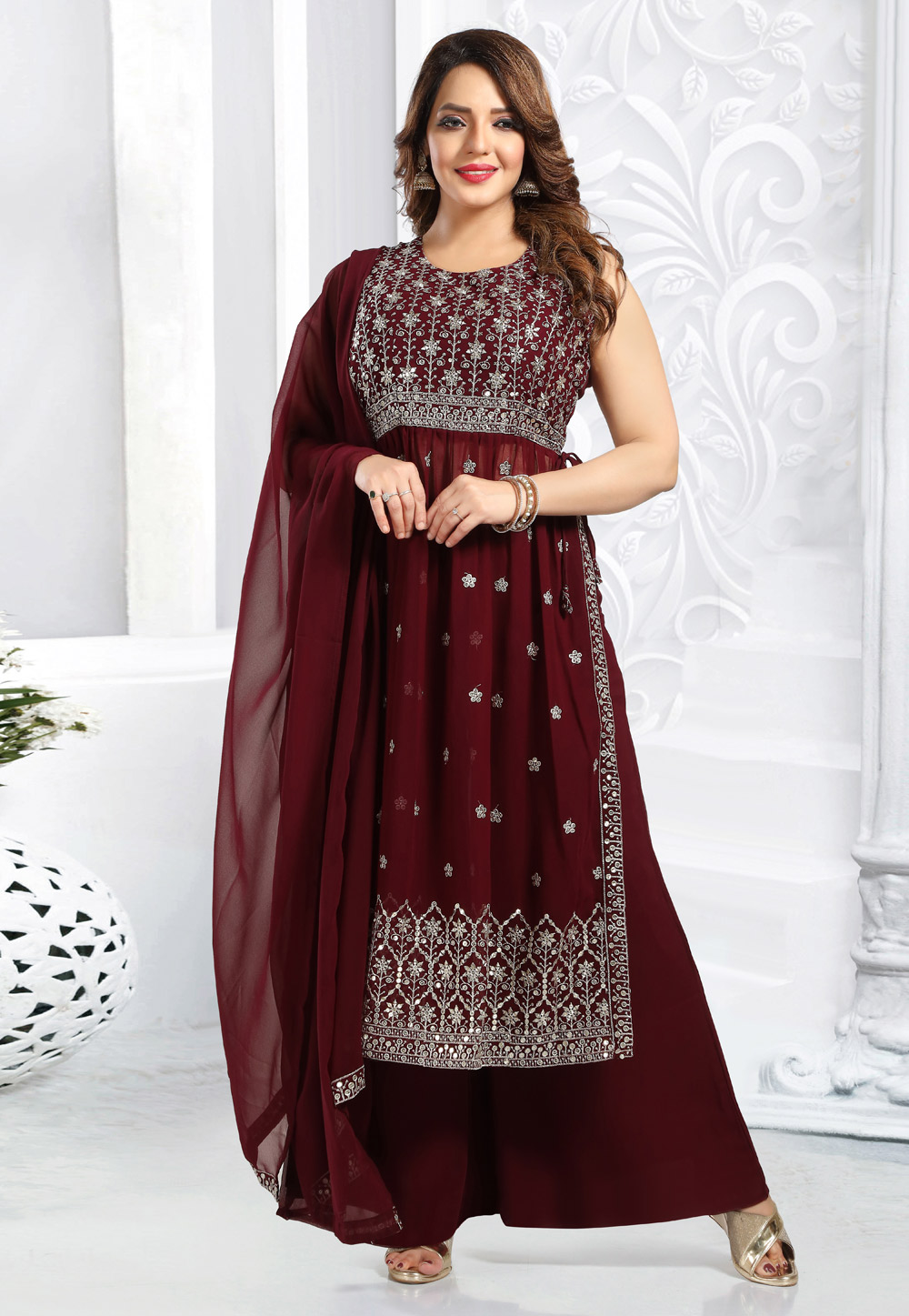 Maroon Faux Georgette Readymade Pakistani Suit 270574