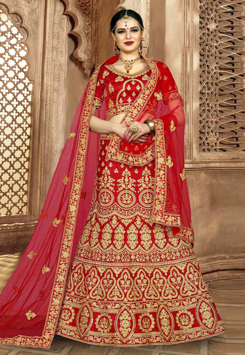 Red Silk Embroidered Bridal Lehenga Choli 177782
