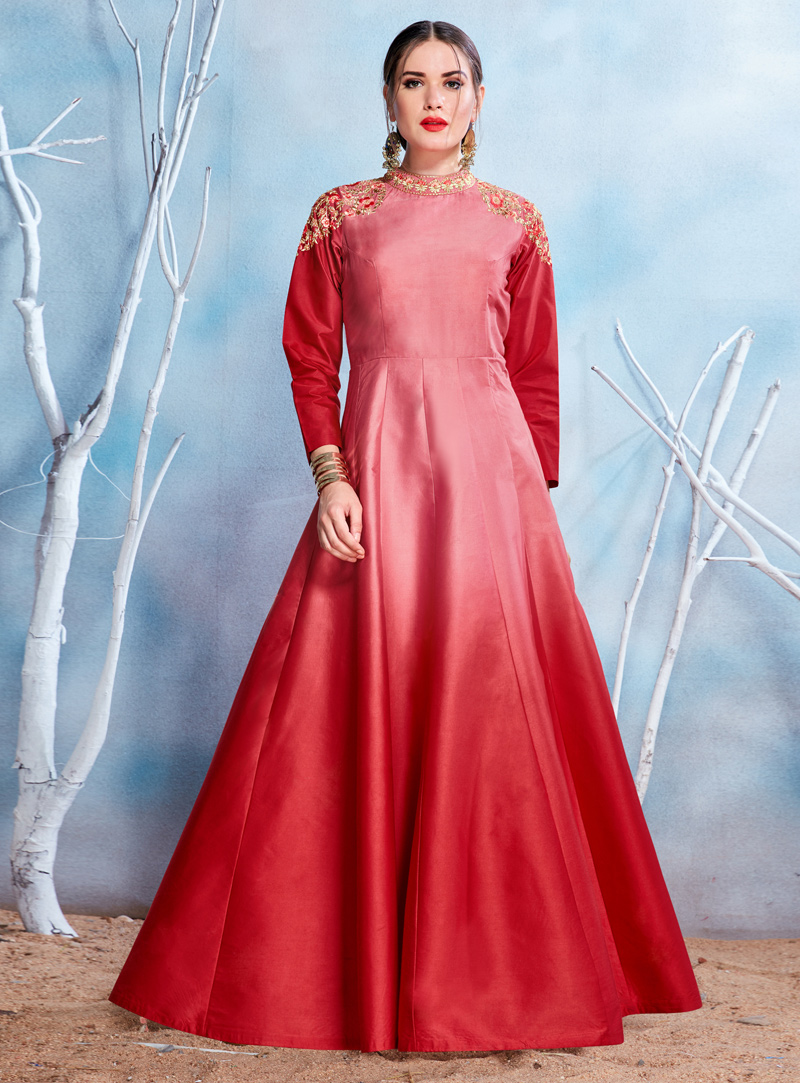 Red Satin Readymade Gown 131463