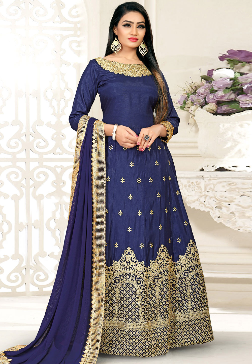 Navy Blue Banglori Silk Gown 171678