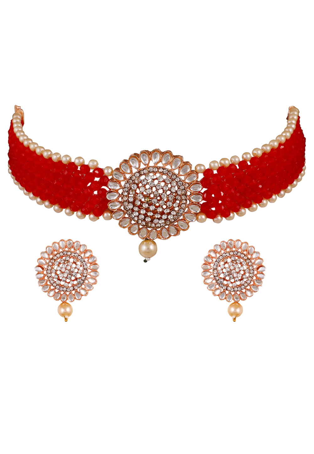 Red Alloy Artificial Stone Necklace Set Earrings 254171