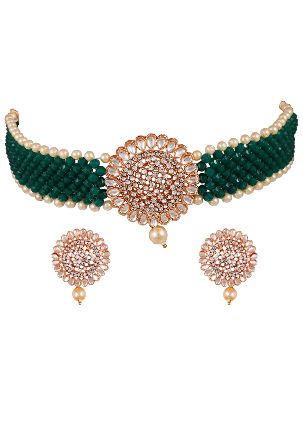 Green Alloy Artificial Stone Necklace Set Earrings 254172