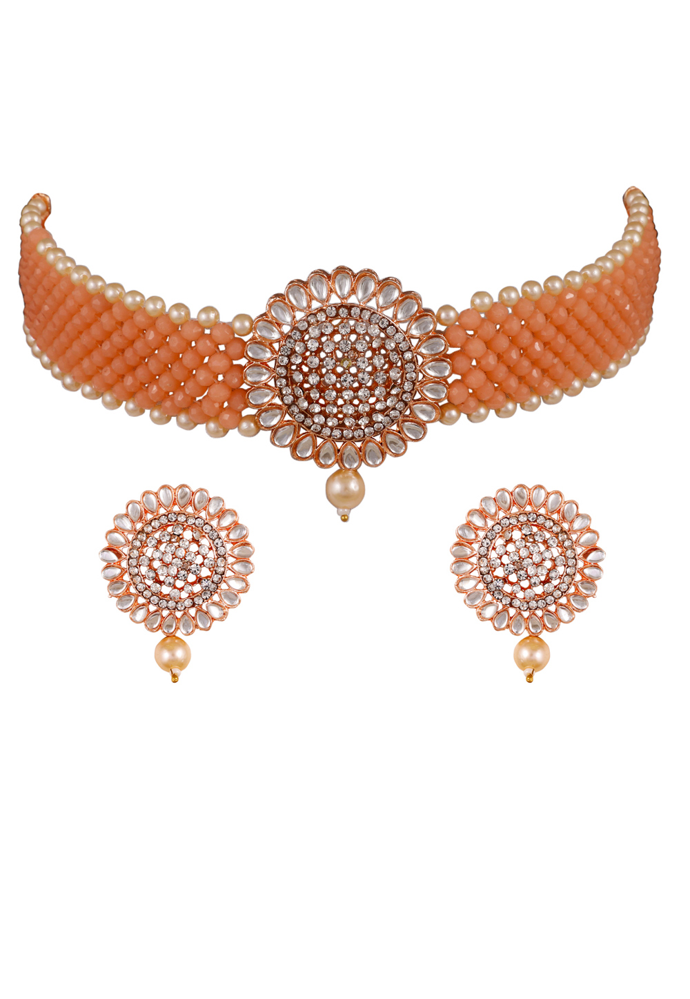 Peach Alloy Artificial Stone Necklace Set Earrings 254174