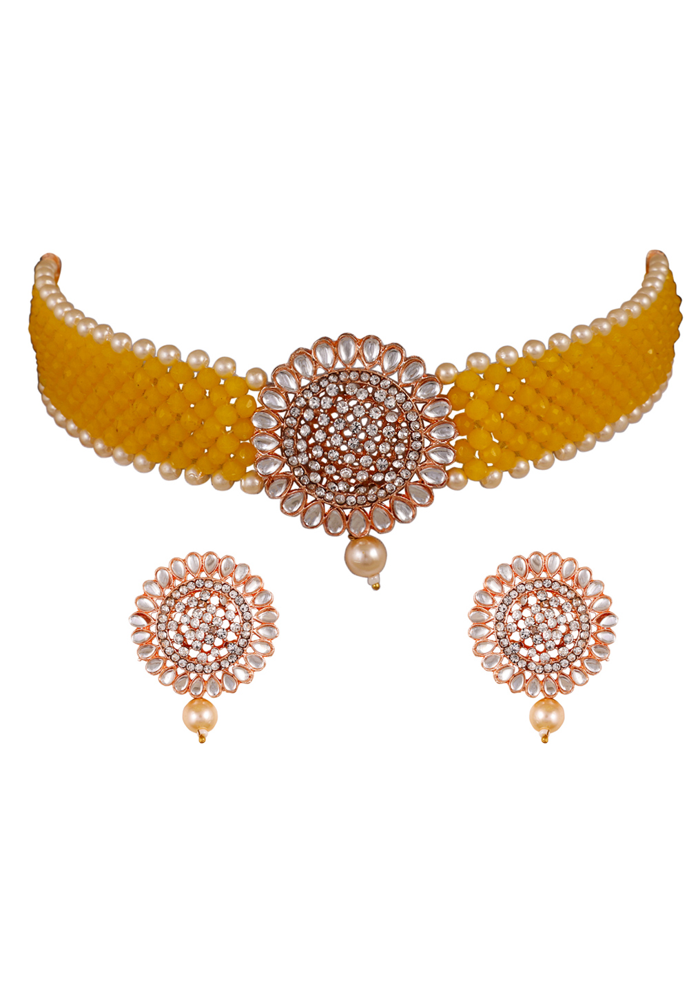 Mustard Alloy Artificial Stone Necklace Set Earrings 254175