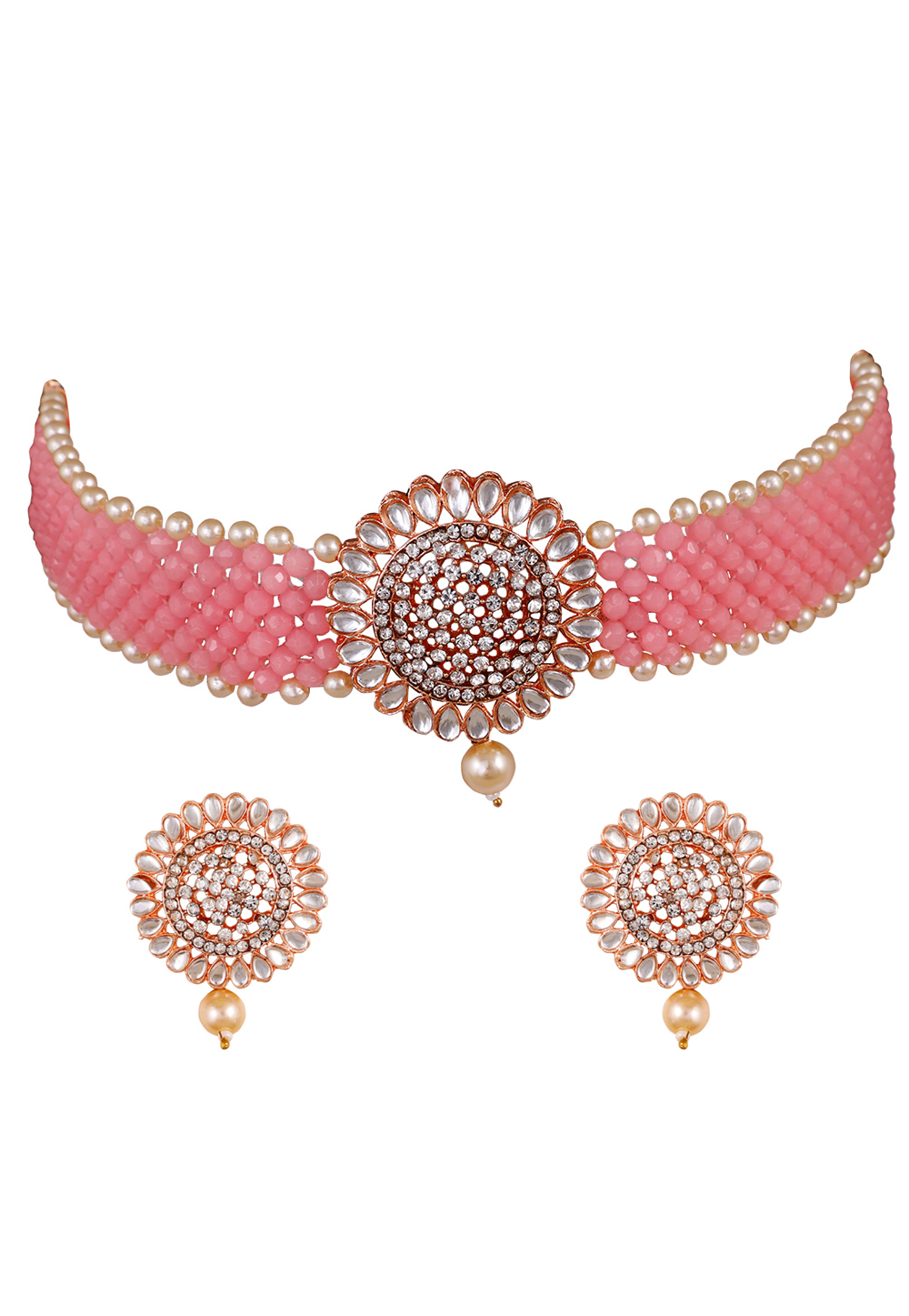 Pink Alloy Artificial Stone Necklace Set Earrings 254178