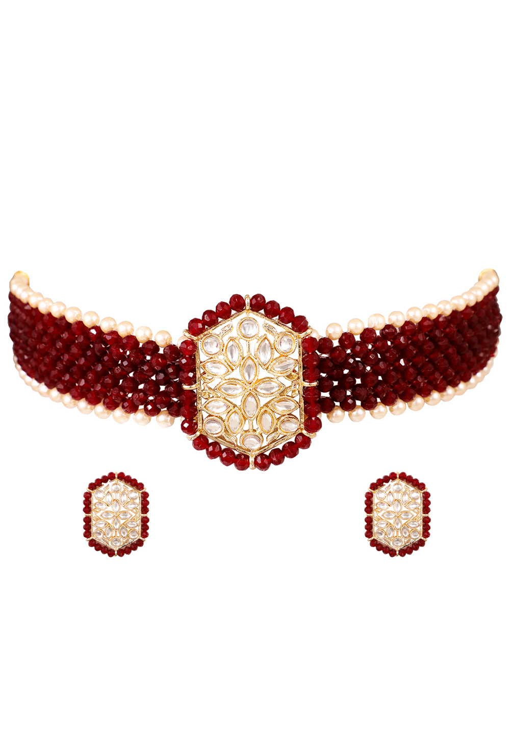 Maroon Alloy Artificial Stone Necklace Set Earrings 254180