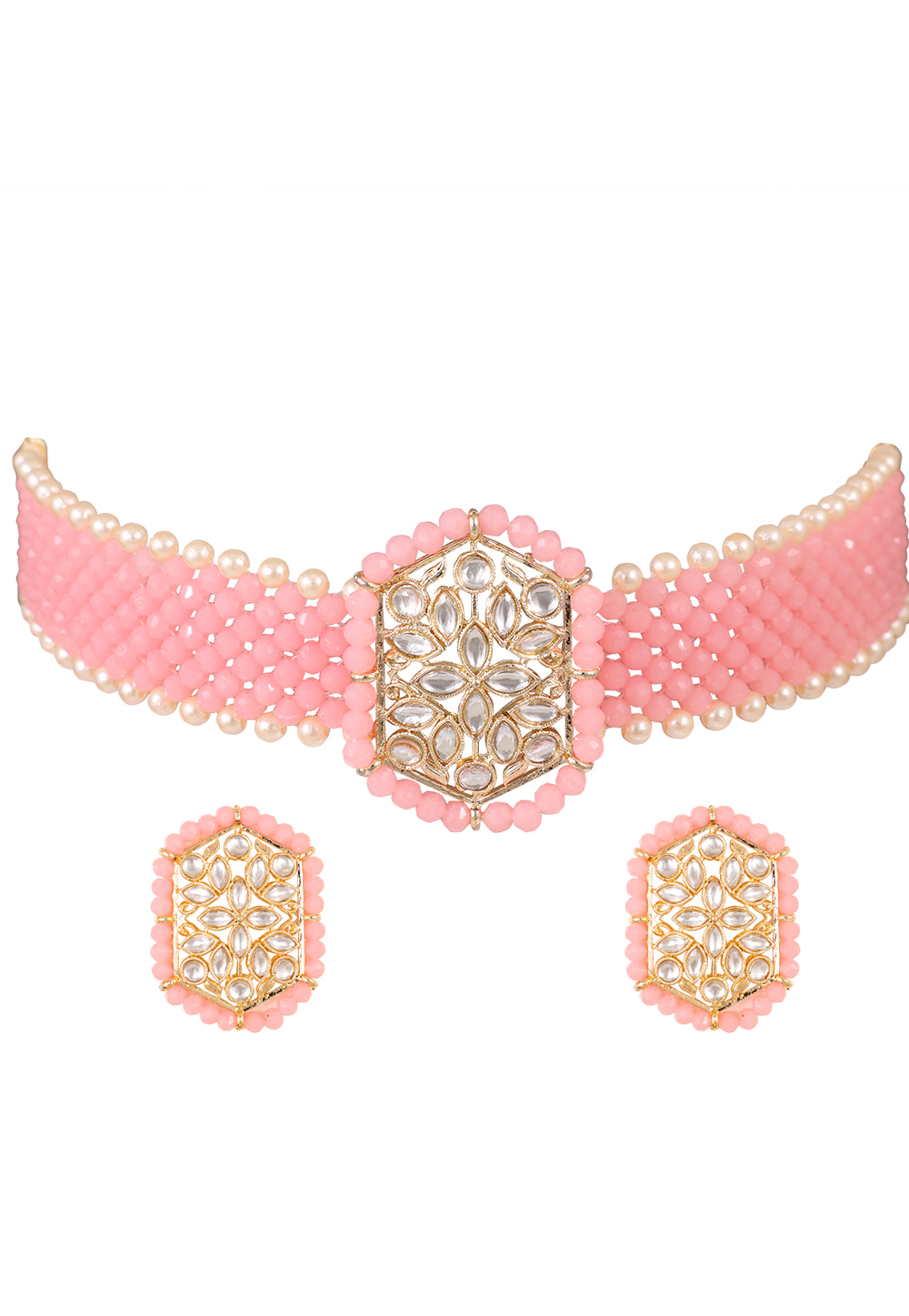 Pink Alloy Artificial Stone Necklace Set Earrings 254182