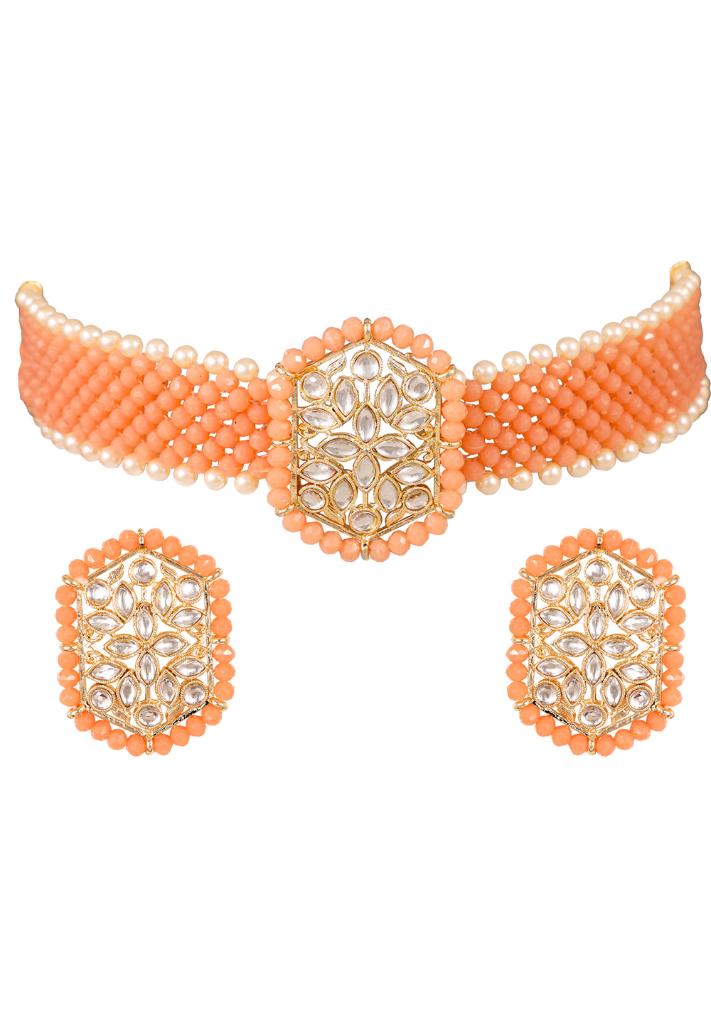 Peach Alloy Artificial Stone Necklace Set Earrings 254183