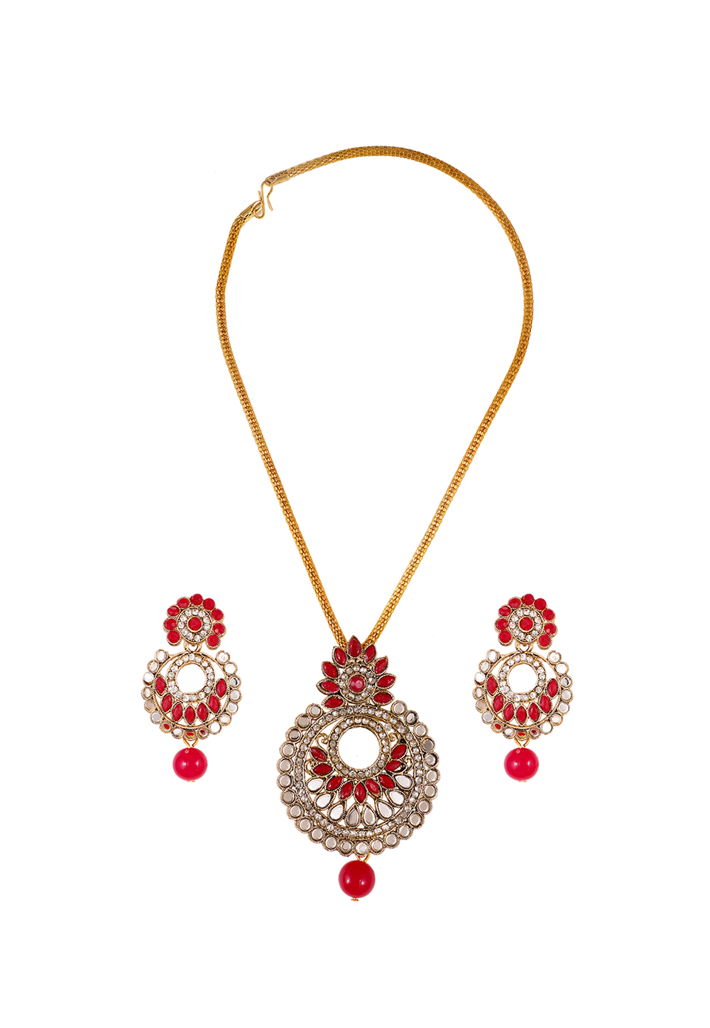 Red Alloy Artificial Stone Necklace Set Earrings 254187