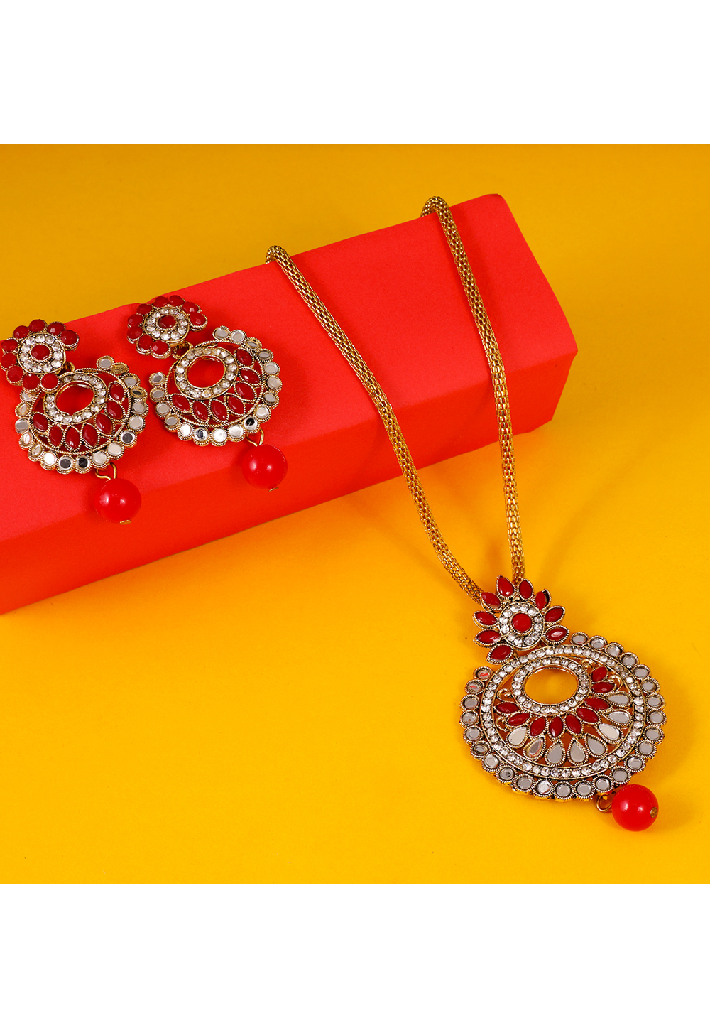 Red Alloy Artificial Stone Necklace Set Earrings 254194