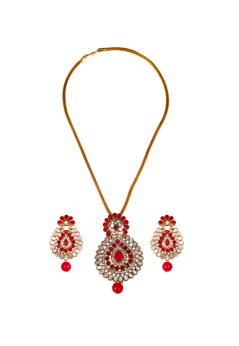 Red Alloy Artificial Stone Necklace Set Earrings 254195