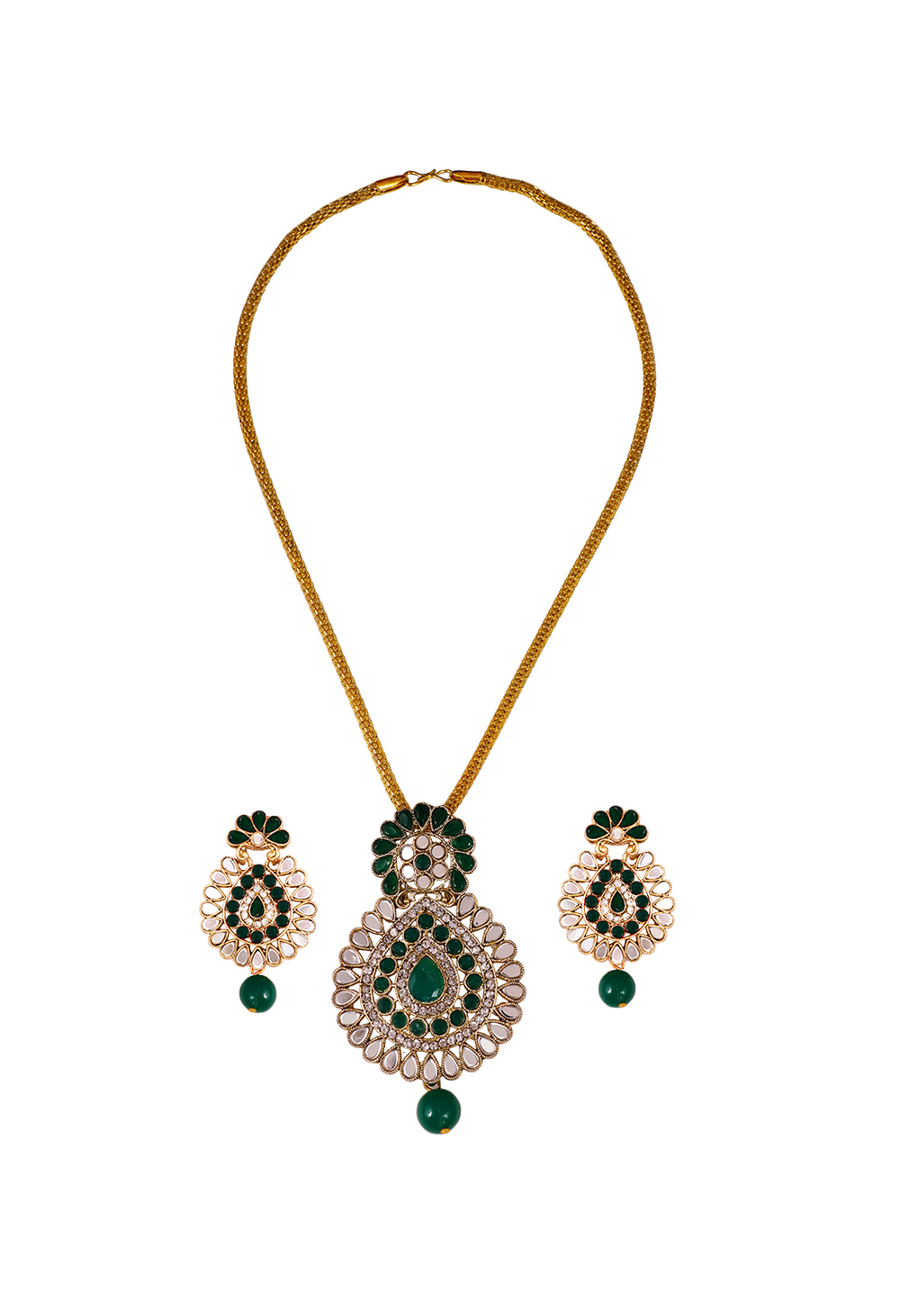 Green Alloy Artificial Stone Necklace Set Earrings 254198