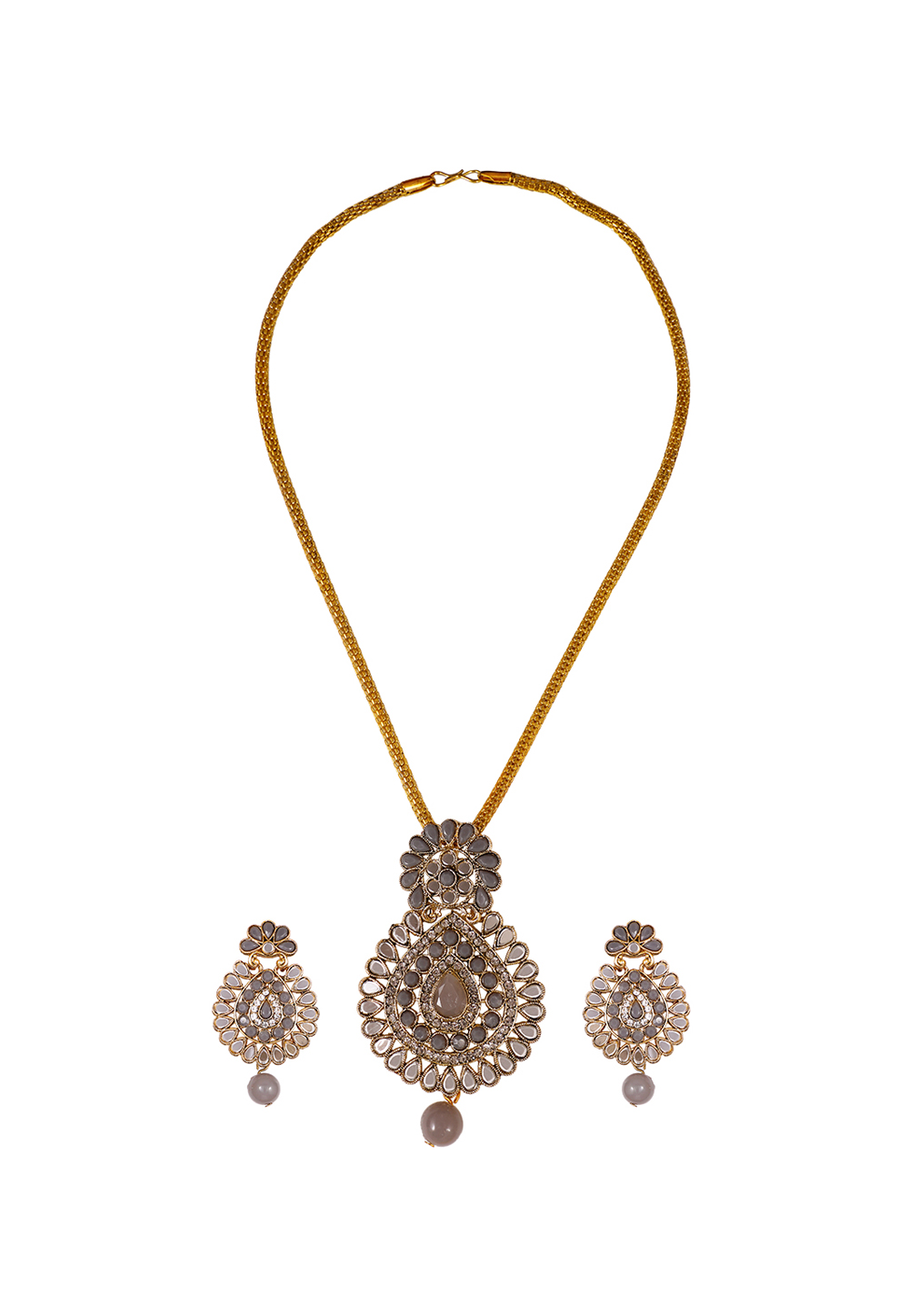 Grey Alloy Artificial Stone Necklace Set Earrings 254200