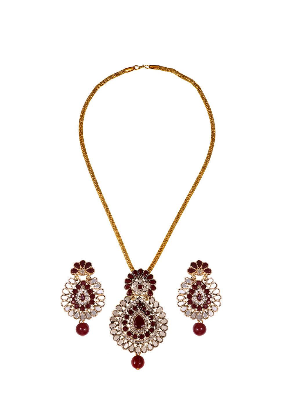 Maroon Alloy Artificial Stone Necklace Set Earrings 254201